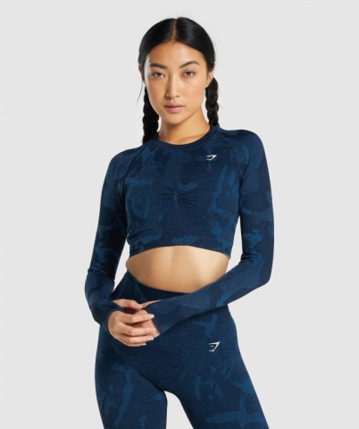 Gymshark Adapt Camo Seamless Crop Top Women's Sweatshirts Navy | UAE-48GIRB