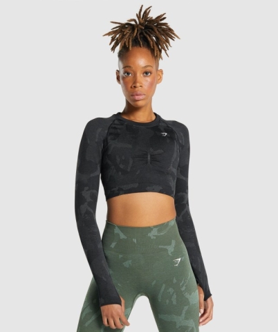 Gymshark Adapt Camo Seamless Crop Top Women's T Shirts Black | UAE-53WQOA