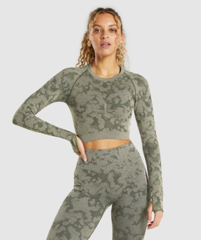 Gymshark Adapt Camo Seamless Crop Top Women's T Shirts Green | UAE-60PIDH