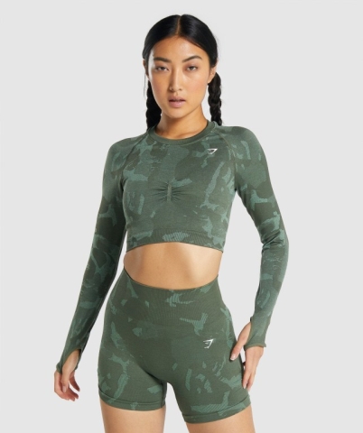 Gymshark Adapt Camo Seamless Crop Top Women's Sweatshirts Green | UAE-84IUCF