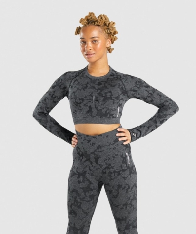 Gymshark Adapt Camo Seamless Crop Top Women's T Shirts Black | UAE-85LAWR