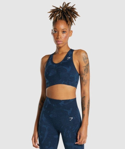 Gymshark Adapt Camo Seamless Racer Back Women's Sports Bra Navy | UAE-28DXAR