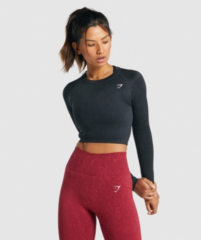 Gymshark Adapt Fleck Seamless Crop Top Women's T Shirts Black | UAE-18YBFI