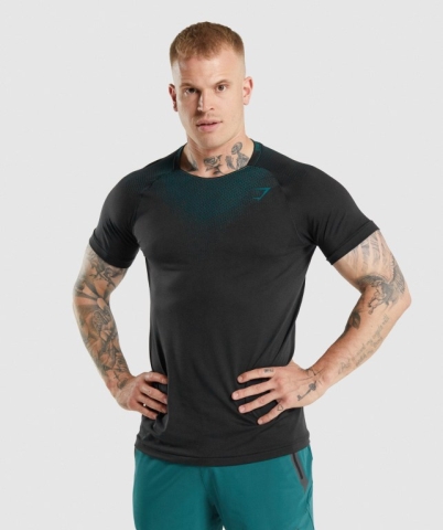 Gymshark Apex Contrast Men's T Shirts Black / Turquoise | UAE-20JAKM