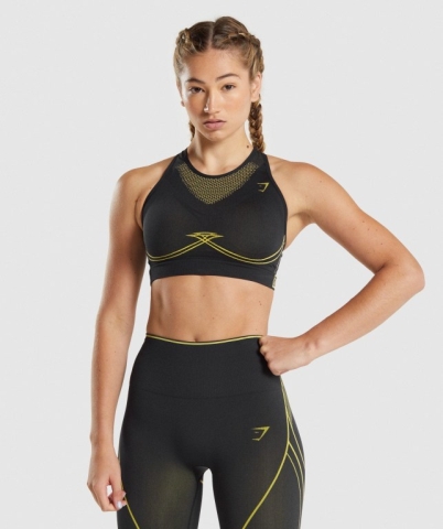 Gymshark Apex Seamless Women's Sports Bra Black / Yellow | UAE-14DRJQ