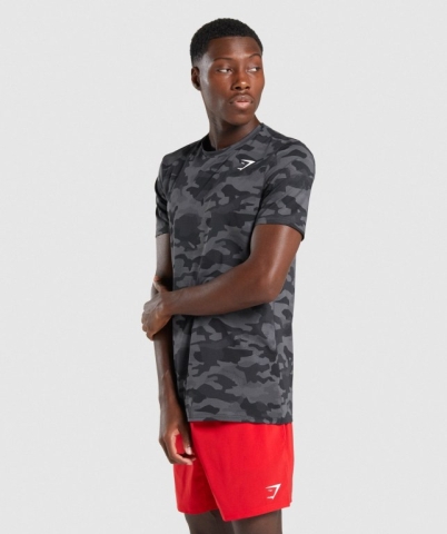 Gymshark Arrival Men's T Shirts Black / Grey Camo | UAE-74WPSF