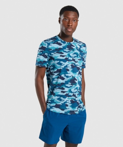 Gymshark Arrival Men's T Shirts Turquoise Camo | UAE-36WERM