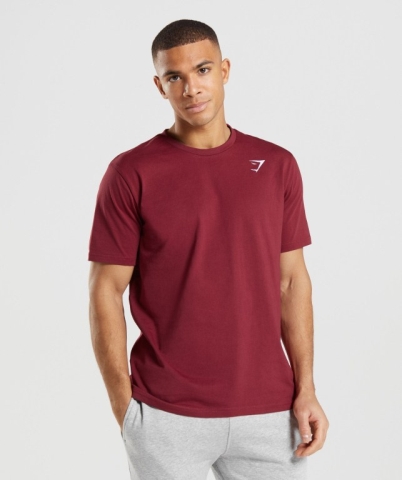 Gymshark Crest Men's T Shirts Burgundy Red | UAE-74JRMG