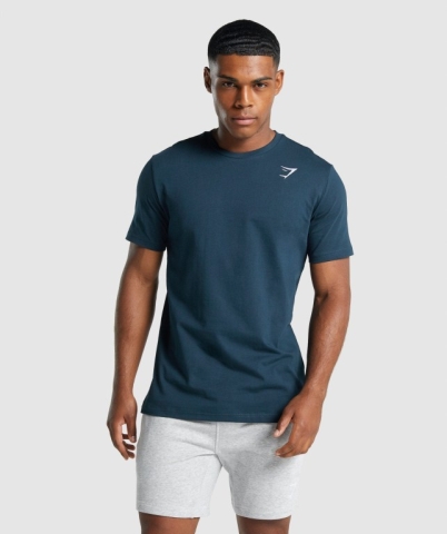 Gymshark Crest Men's T Shirts Navy | UAE-93CRQI