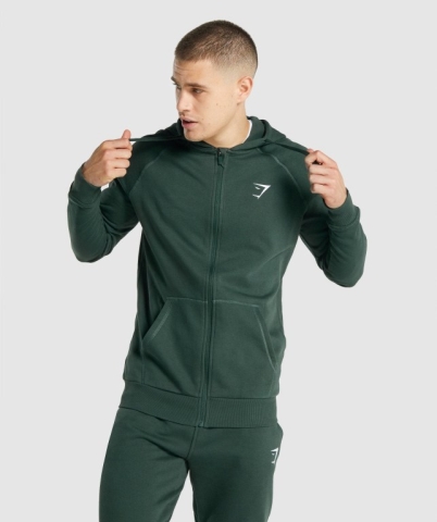 Gymshark Crest Zip Up Men's Hoodies Dark Green | UAE-56LMOD