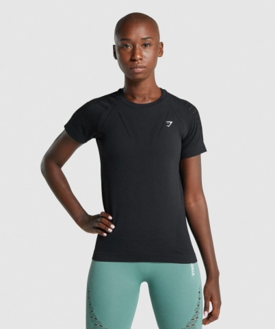 Gymshark Energy Seamless Women's T Shirts Black | UAE-21UHJD