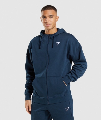 Gymshark Essential Oversized Zip Up Men's Hoodies Navy | UAE-14SVAG