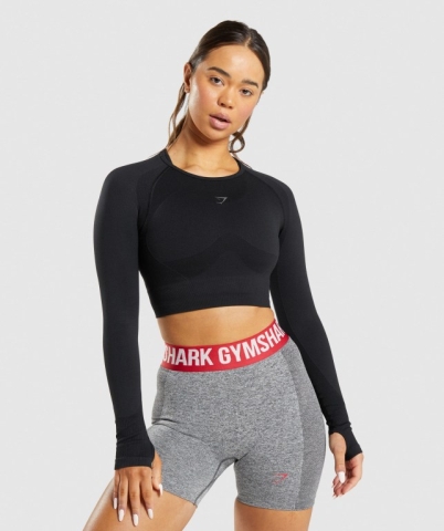 Gymshark Flex Sports Crop Top Women's T Shirts Black | UAE-15OMEQ