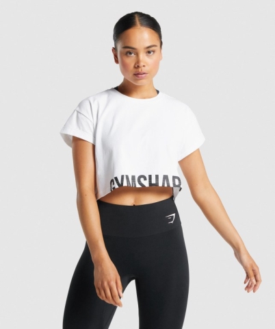 Gymshark Fraction Crop Top Women's Sweatshirts White | UAE-86OCKU