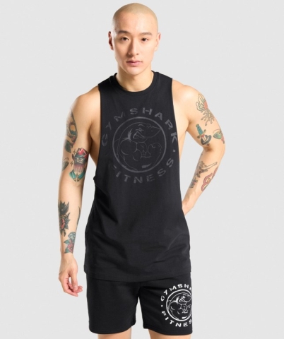 Gymshark Legacy Drop Arm Men's Tank Tops Black / Black | UAE-36XWMQ