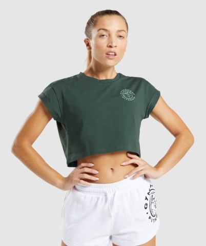 Gymshark Legacy Graphic Crop Women's T Shirts Dark Green | UAE-37KEHI