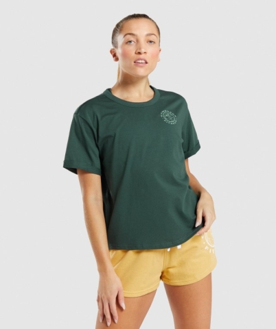 Gymshark Legacy Graphic Women's T Shirts Dark Green | UAE-31HYRW