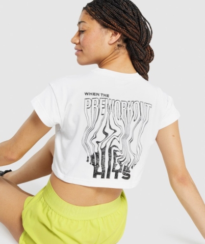 Gymshark Pre-Workout Graphic Crop Women's T Shirts White | UAE-52OADG