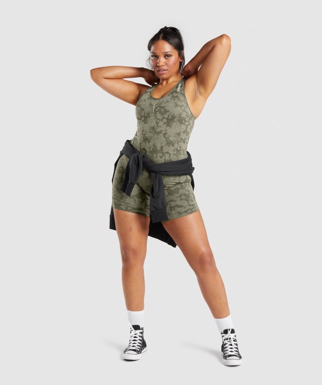 Gymshark Adapt Camo Seamless All In One Women's Shorts Green | UAE-04XYIE