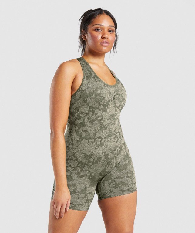 Gymshark Adapt Camo Seamless All In One Women\'s Shorts Green | UAE-04XYIE