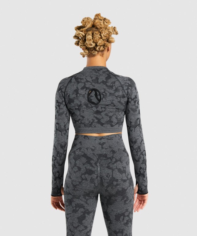 Gymshark Adapt Camo Seamless Crop Top Women's Sweatshirts Black | UAE-34NOBJ