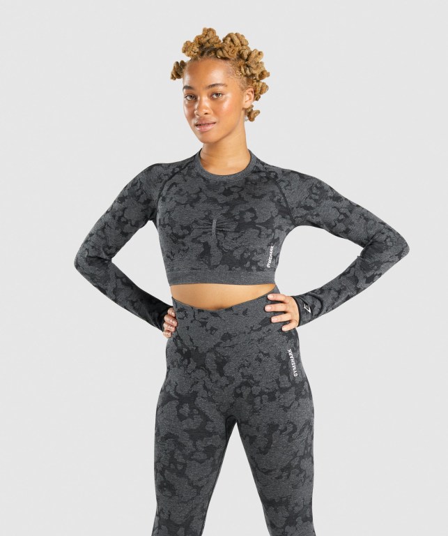 Gymshark Adapt Camo Seamless Crop Top Women\'s Sweatshirts Black | UAE-34NOBJ