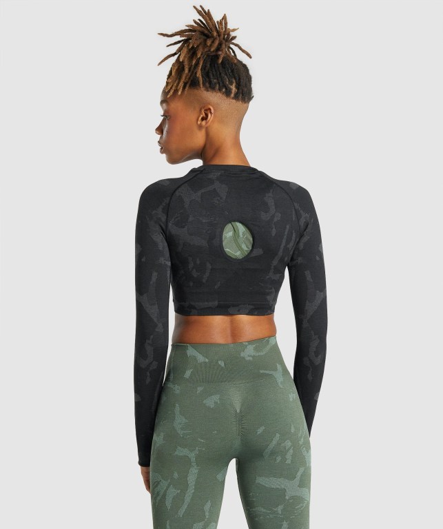 Gymshark Adapt Camo Seamless Crop Top Women's T Shirts Black | UAE-53WQOA