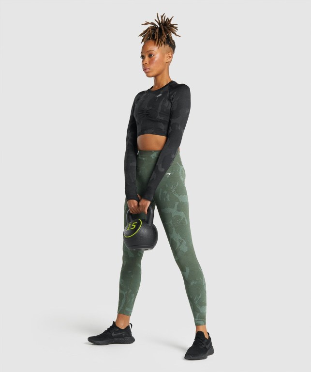 Gymshark Adapt Camo Seamless Crop Top Women's T Shirts Black | UAE-53WQOA