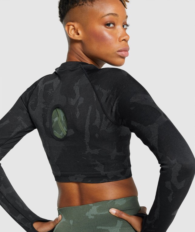 Gymshark Adapt Camo Seamless Crop Top Women's T Shirts Black | UAE-53WQOA