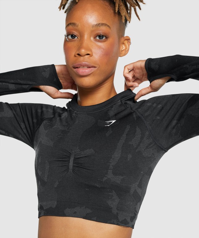 Gymshark Adapt Camo Seamless Crop Top Women's T Shirts Black | UAE-53WQOA