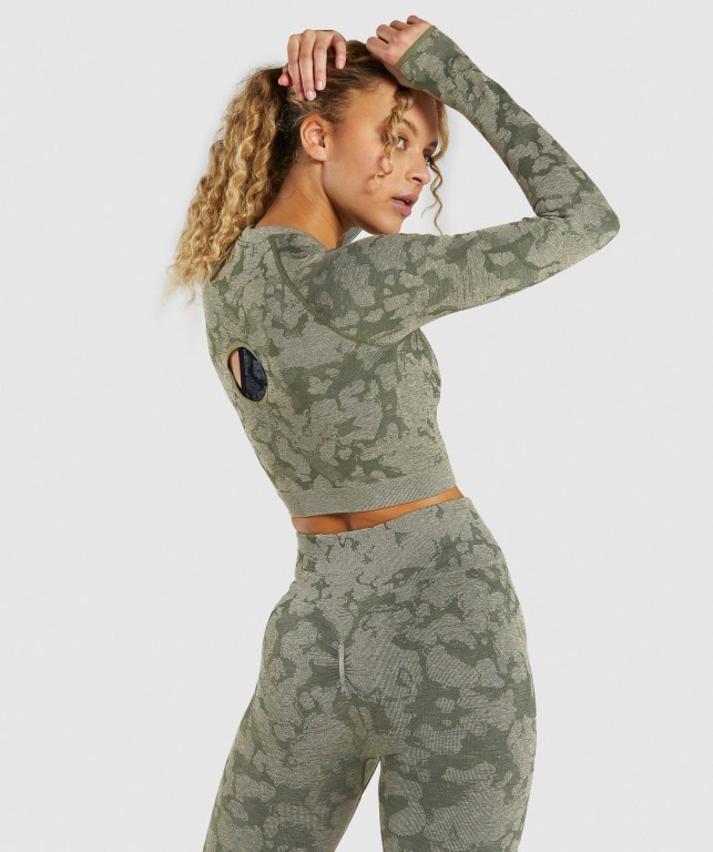 Gymshark Adapt Camo Seamless Crop Top Women's T Shirts Green | UAE-60PIDH