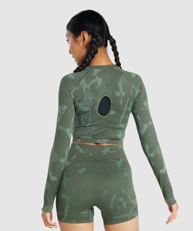 Gymshark Adapt Camo Seamless Crop Top Women's Sweatshirts Green | UAE-84IUCF