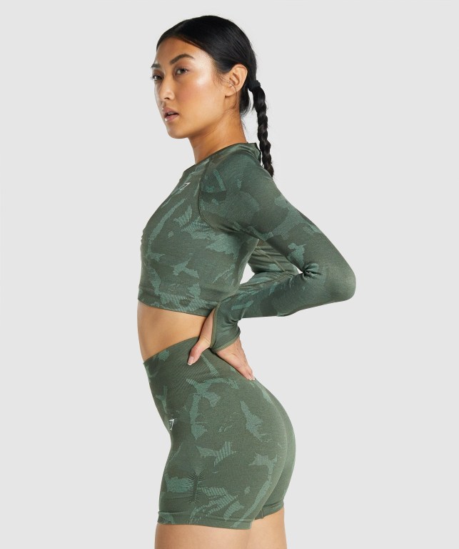 Gymshark Adapt Camo Seamless Crop Top Women's Sweatshirts Green | UAE-84IUCF