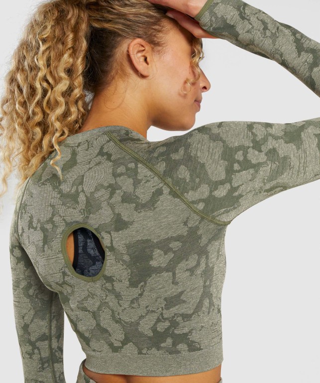 Gymshark Adapt Camo Seamless Crop Top Women's Sweatshirts Green | UAE-84YURX