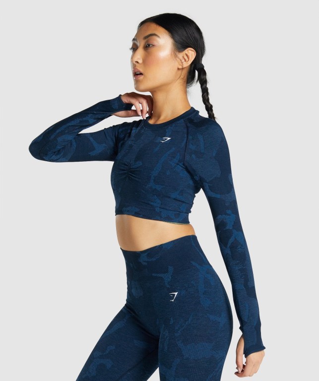 Gymshark Adapt Camo Seamless Crop Top Women's T Shirts Navy | UAE-89NZRV