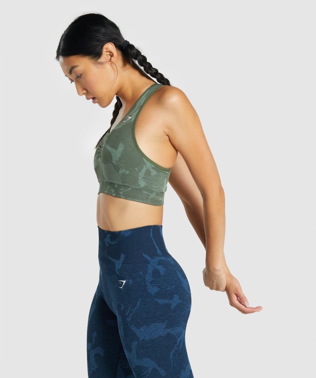 Gymshark Adapt Camo Seamless Racer Back Women's Sports Bra Green | UAE-72RMSI