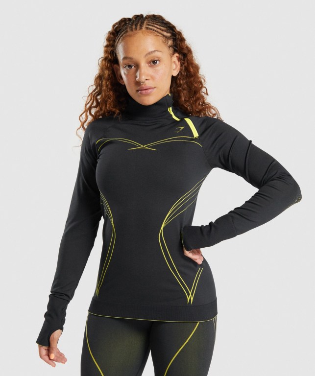 Gymshark Apex Seamless 1/4 Zip Women\'s Hoodies Black / Yellow | UAE-12WJAC