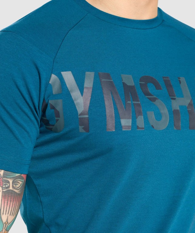 Gymshark Bold Men's T Shirts Turquoise / Camo | UAE-79KEPX