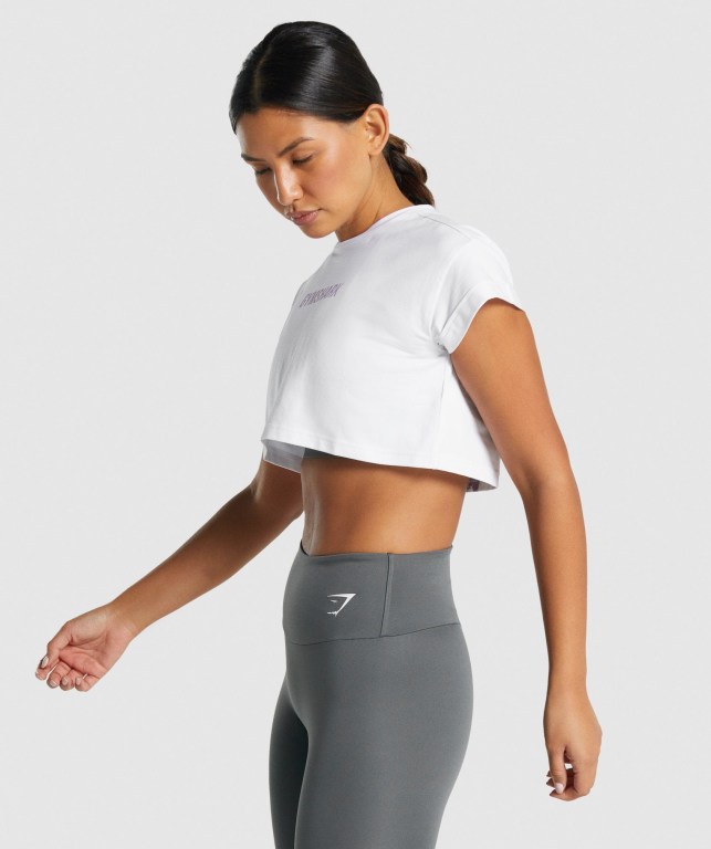 Gymshark Camo Graphic Crop Women's T Shirts White | UAE-14GMUK