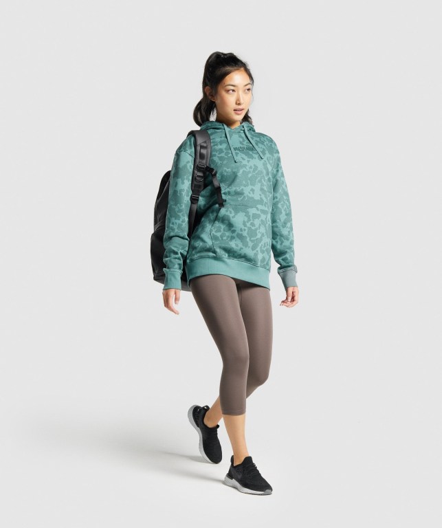 Gymshark Camo Graphic Oversized Women's Hoodies Dark Green | UAE-65SKNZ