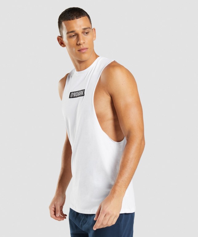 Gymshark Central Drop Arm Men's Tank Tops White | UAE-97WFUA