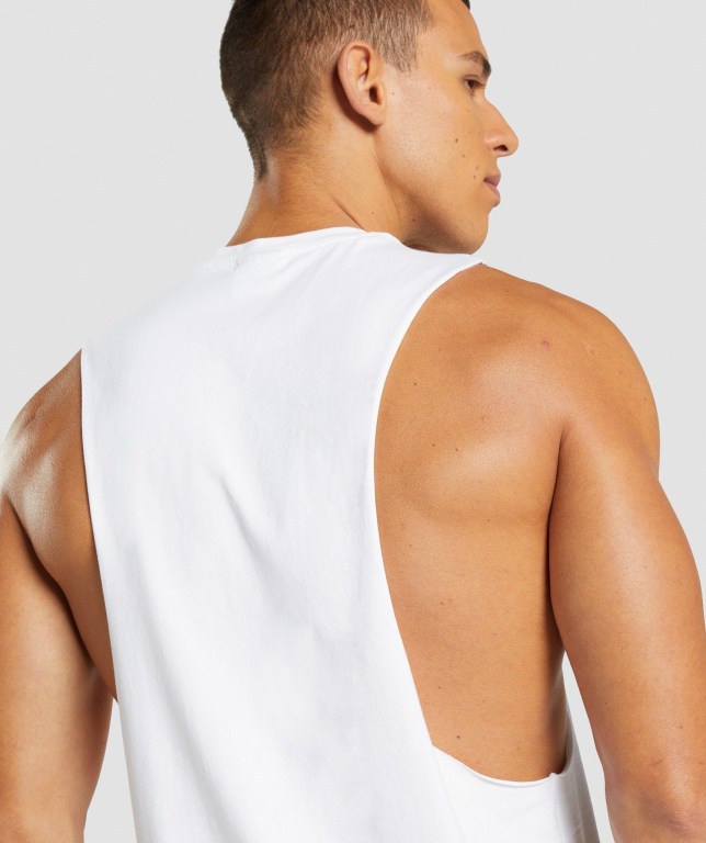 Gymshark Central Drop Arm Men's Tank Tops White | UAE-97WFUA