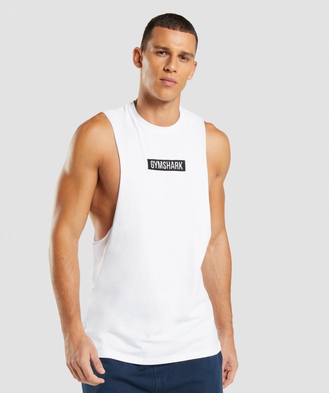 Gymshark Central Drop Arm Men\'s Tank Tops White | UAE-97WFUA