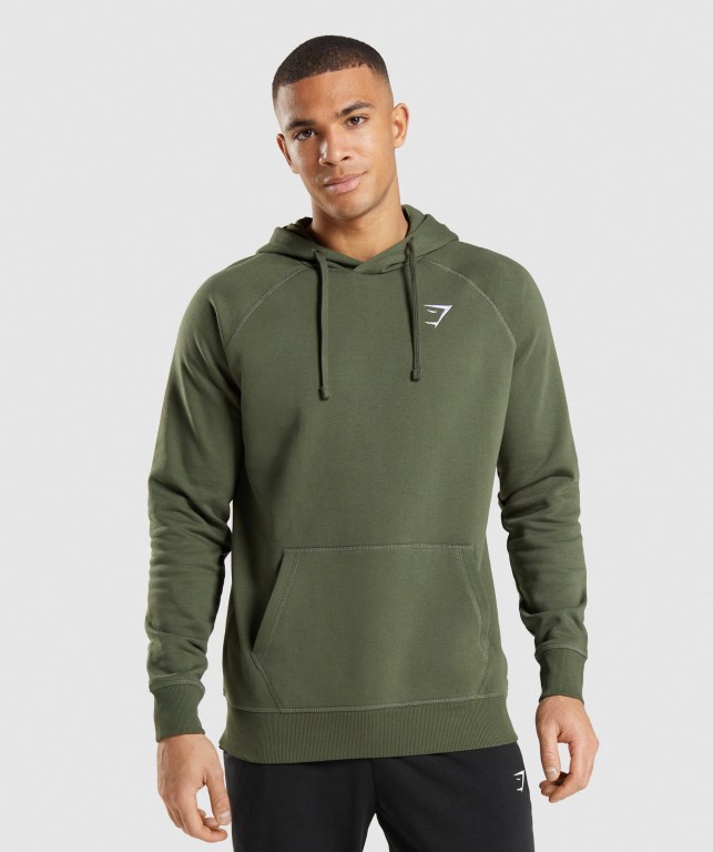 Gymshark Crest Men\'s Hoodies Olive | UAE-12AHGU