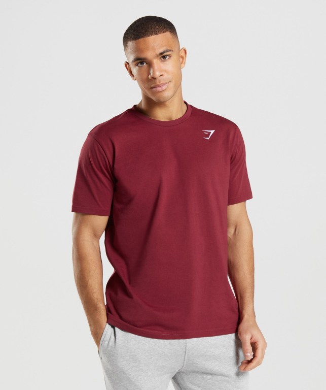 Gymshark Crest Men\'s T Shirts Burgundy Red | UAE-74JRMG