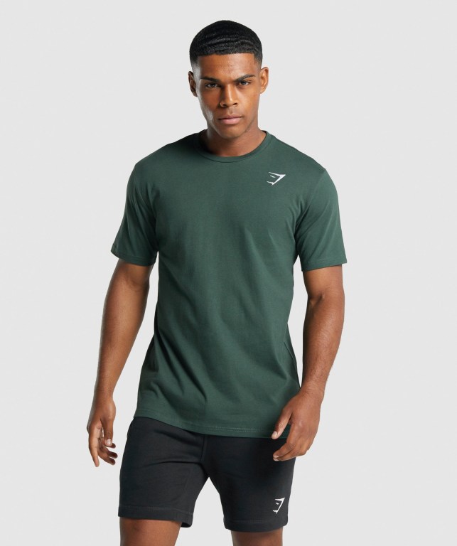 Gymshark Crest Men\'s T Shirts Dark Green | UAE-38OPTX