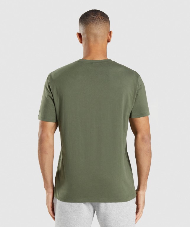 Gymshark Crest Men's T Shirts Olive | UAE-16GKLA