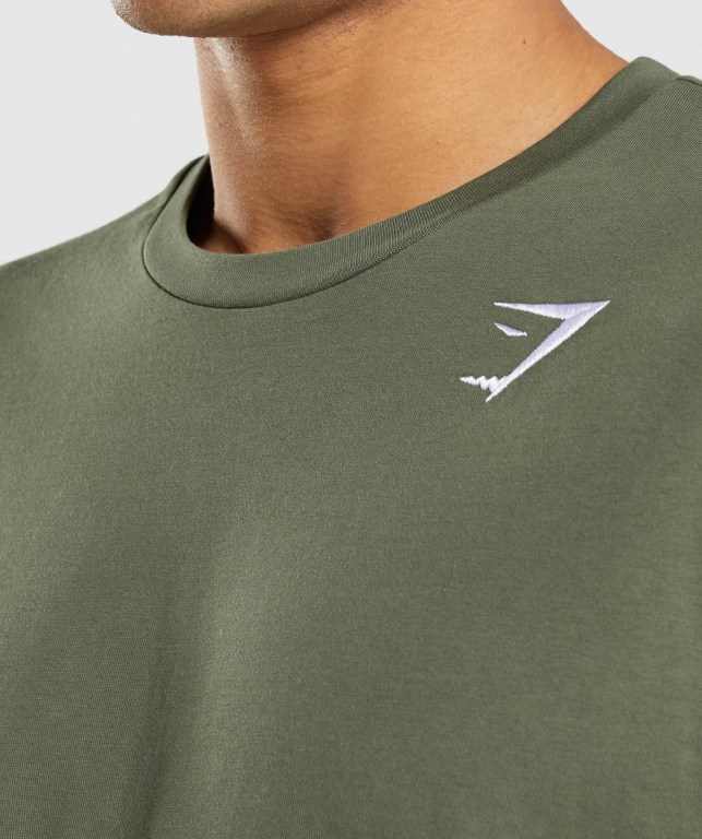 Gymshark Crest Men's T Shirts Olive | UAE-16GKLA