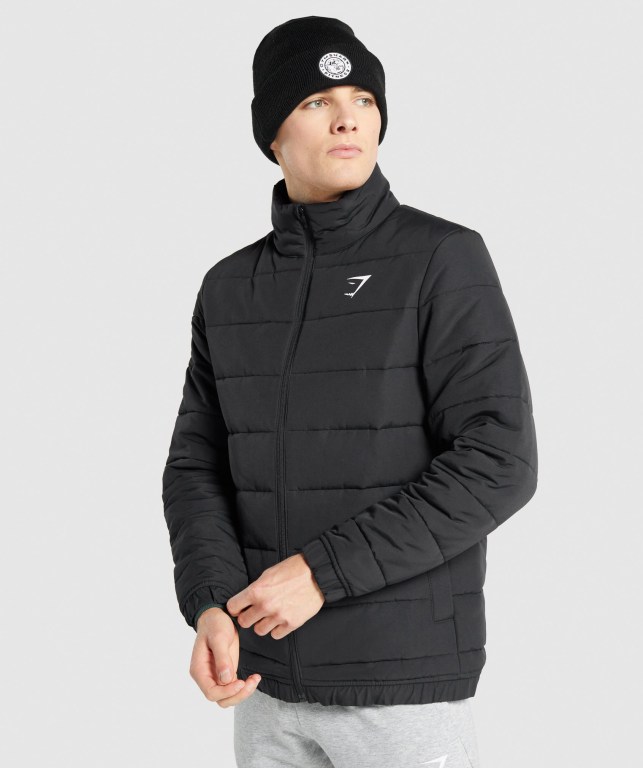 Gymshark Crest Puffer Men\'s Jackets Black | UAE-08LQSF