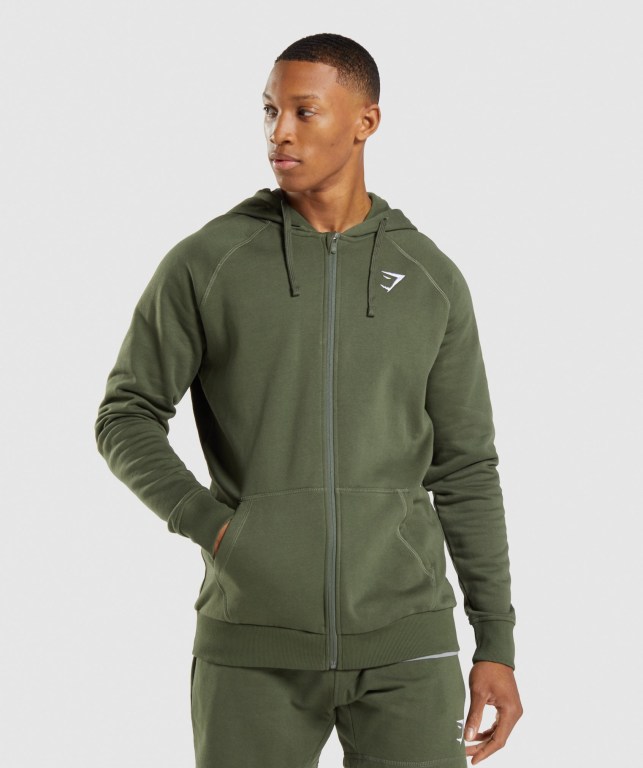 Gymshark Crest Zip Up Men\'s Hoodies Olive | UAE-90CPBK